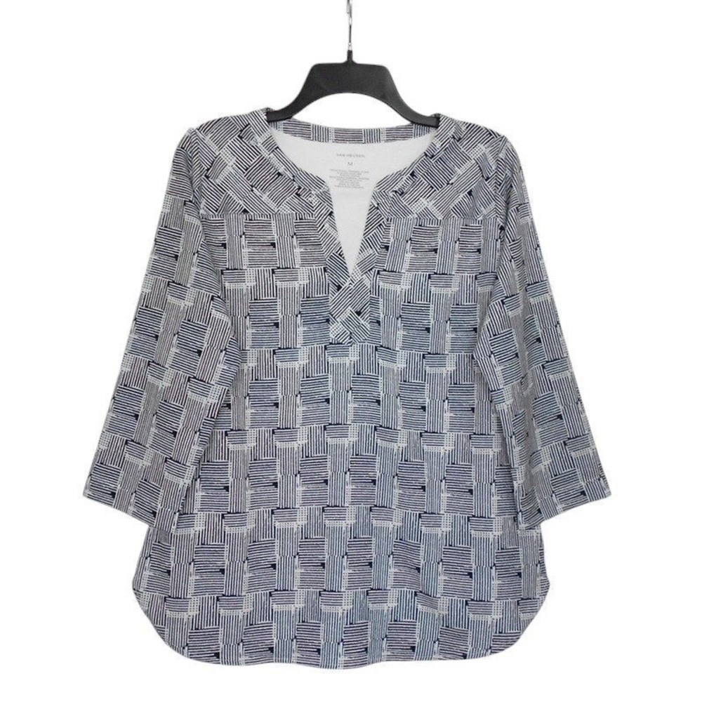 Van Heusen Top Medium Blue White‎ Tunic 3/4 Sleeve Geometric Mixed Media